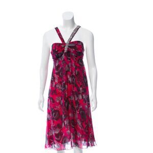 Blumarine Pink Grey Floral Silk Midi Dress Crystal Embellished M US8 IT44